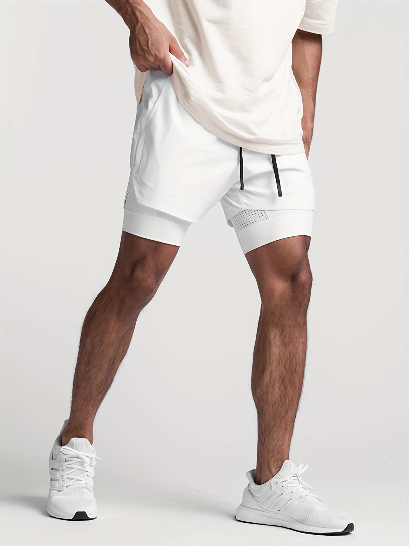 Men's Loose Solid Active Shorts With Pockets Drawstring 2 In 1 Shorts