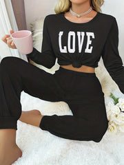 Love Print Loungewear Set with Long Sleeve Top & Pants