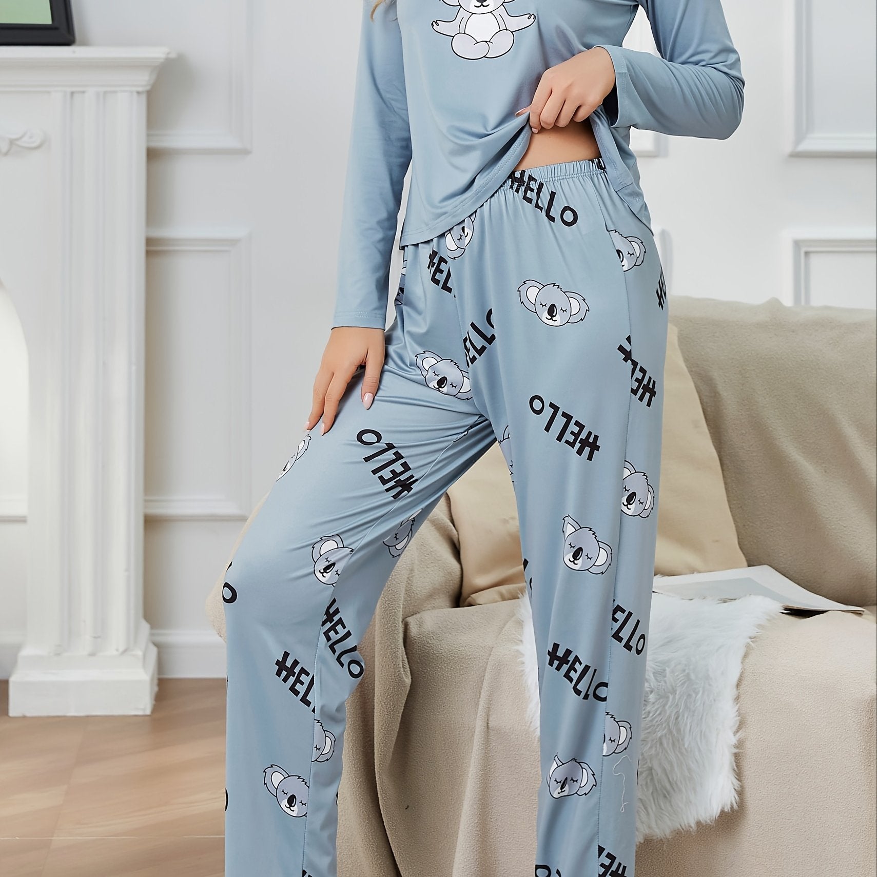 Koala Print Pajama Set Long Sleeve Top & Pants