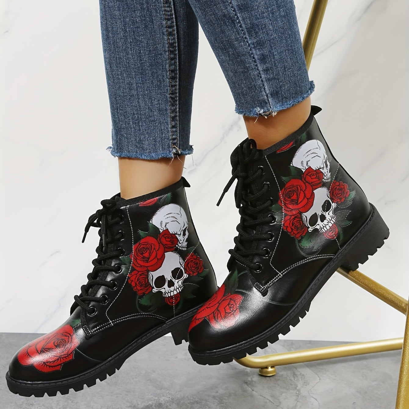 Women's Rose & Skull Print Short Boots Lace Up Ankle Boots