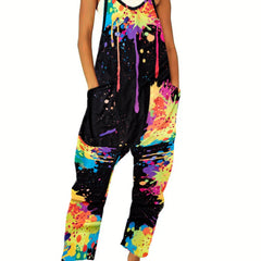 Print Sleeveless Jumpsuit Spaghetti Strap Pocket Front Jumpsuit