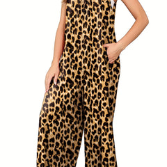 Leopard Print Wide Leg Jumpsuit Casual Sleeveless Spaghetti Jumpsuit