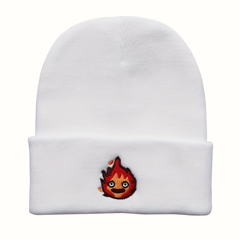 Anime Flame Embroidery Beanie Cartoon Unisex Knit Hat Elastic Casual Skull Cap