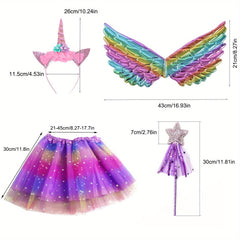 Girls' Rainbow Cartoon Headband Wings Star Wand 4pcs Skirt Set