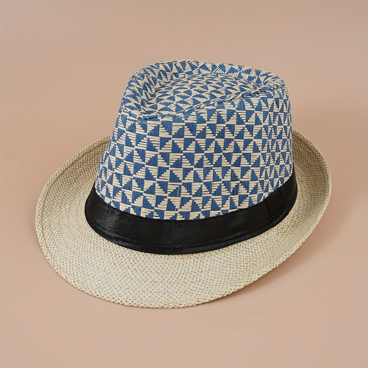 Geometric Plaid Crochet Fedora Cap Lightweight Casual Straw Sun Hat