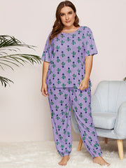 Cactus Print Pajama Set Short Sleeve Top & Pants Two Piece Set