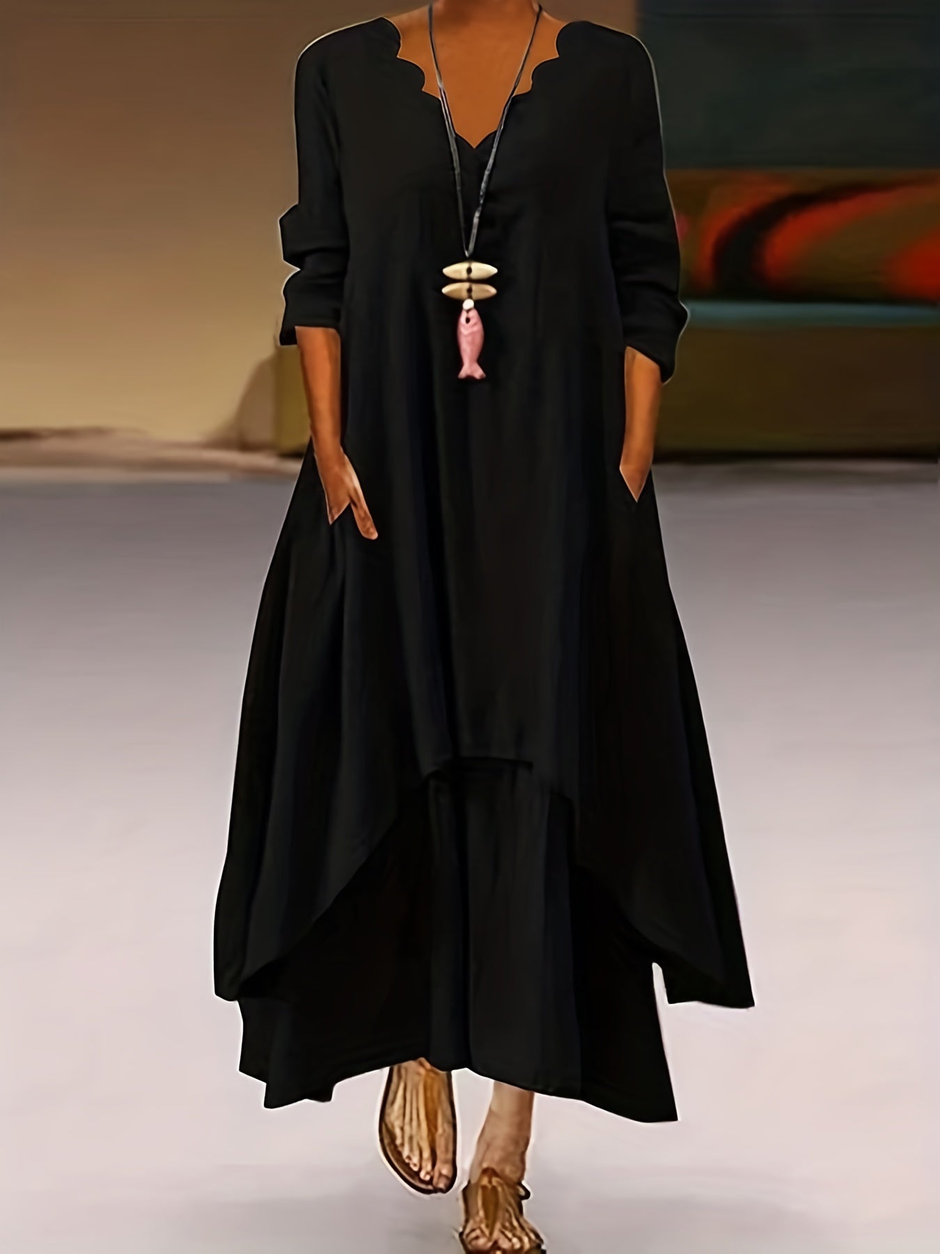 Solid Wavy V Neck Maxi Dress With Pockets