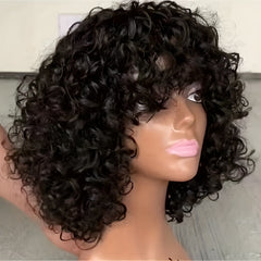 Short Curly Bob Fringe Human Hair Wigs with Bangs