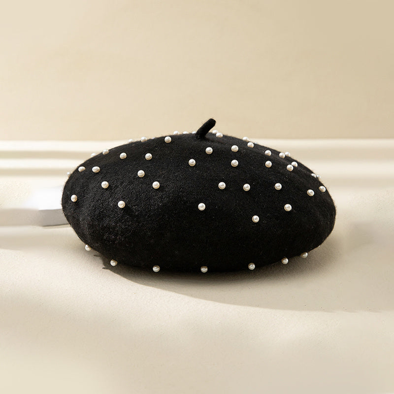 Women Faux Pearl Beret French Style Warm Hat Chinese Year Gift