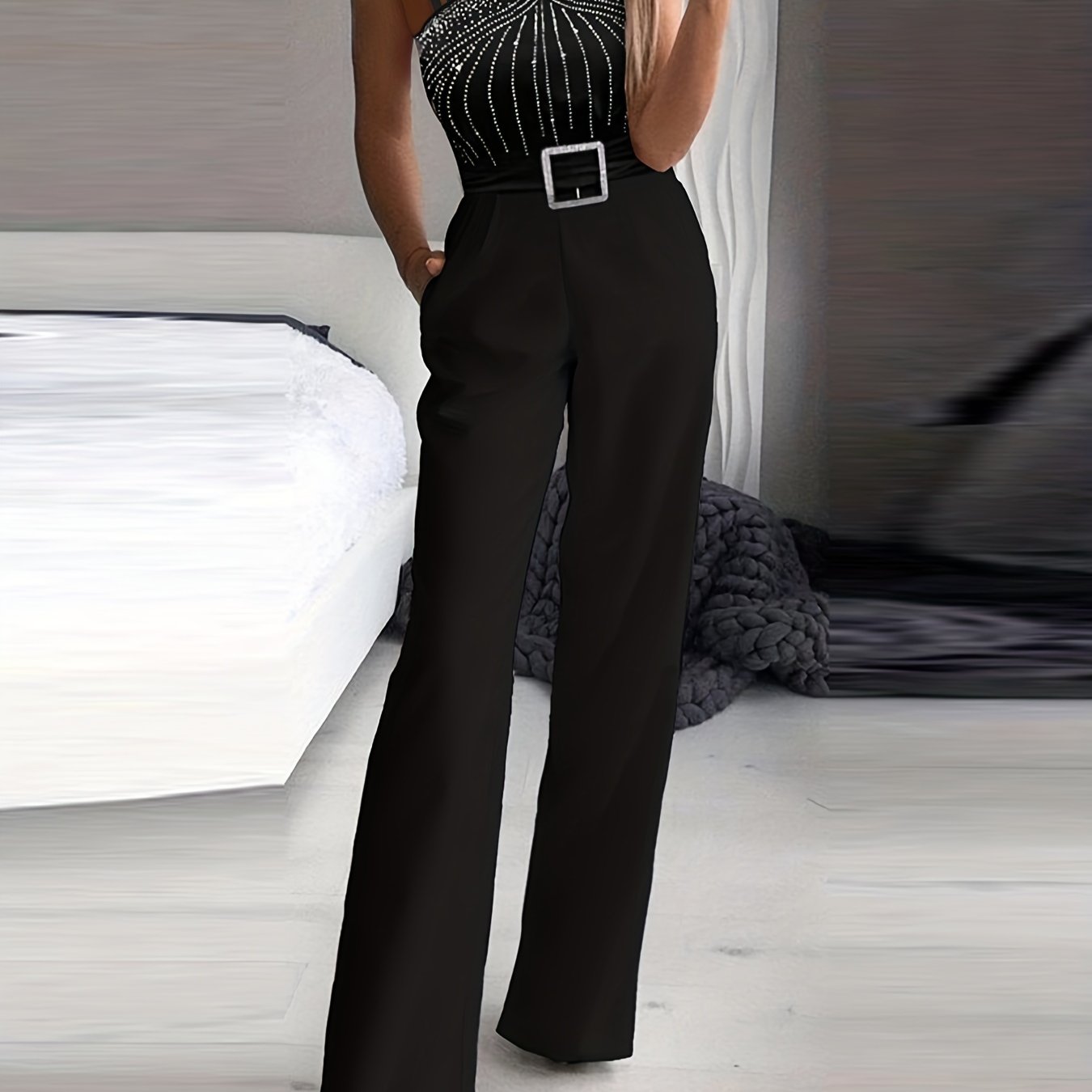 Sparkling Rhinestone Wide Leg Jumpsuit