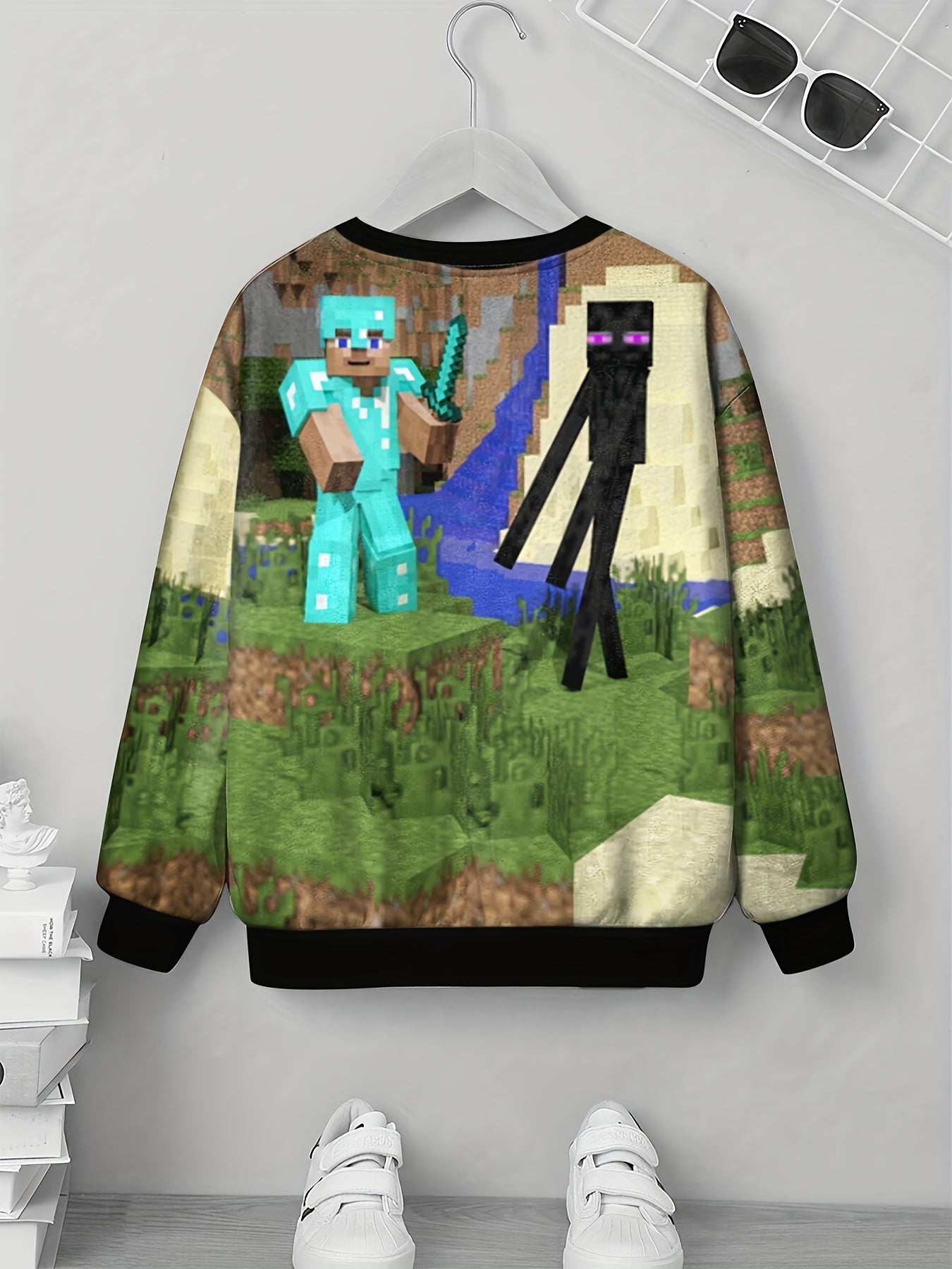 Boys Pixel Cartoon Print Long Sleeve T-shirt Kids Casual Top