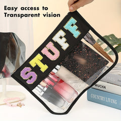 Chenille Letter Zipper Pouch Makeup Bag Clear Waterproof Toiletry Snack Bag