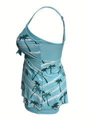 Tropical Print Boho Tankini Set with Sweetheart Neck Cami Top