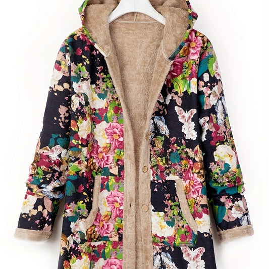 Floral Print Hooded Coat Winter Long Sleeve Random Print Coat