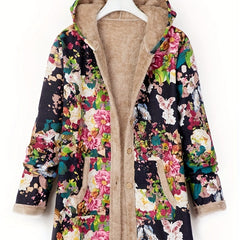 Floral Print Hooded Coat Winter Long Sleeve Random Print Coat