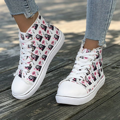 Women's Ghost Pattern Canvas Sneakers Lace Up High Top Trainers