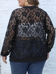 Cardigan Women's Plus Contrast Lace Long Sleeve Open Front Cover Up