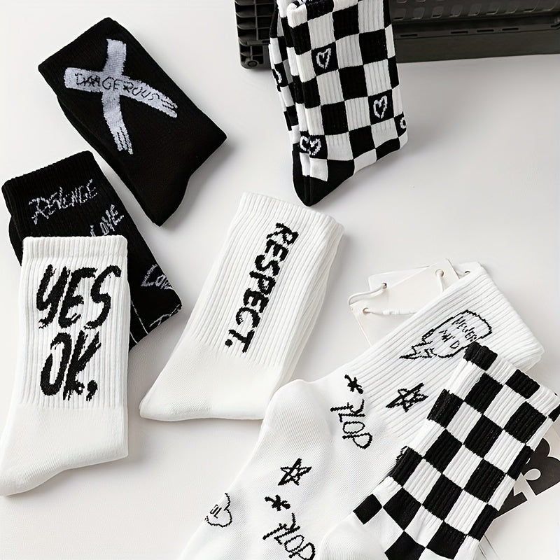 7 Pairs Letter & Plaid Print Socks - Casual Street Women's Stockings & Hosiery