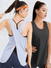 2Pcs Solid Sports Vest Round Neck Back Split Quick Drying Sporty Top