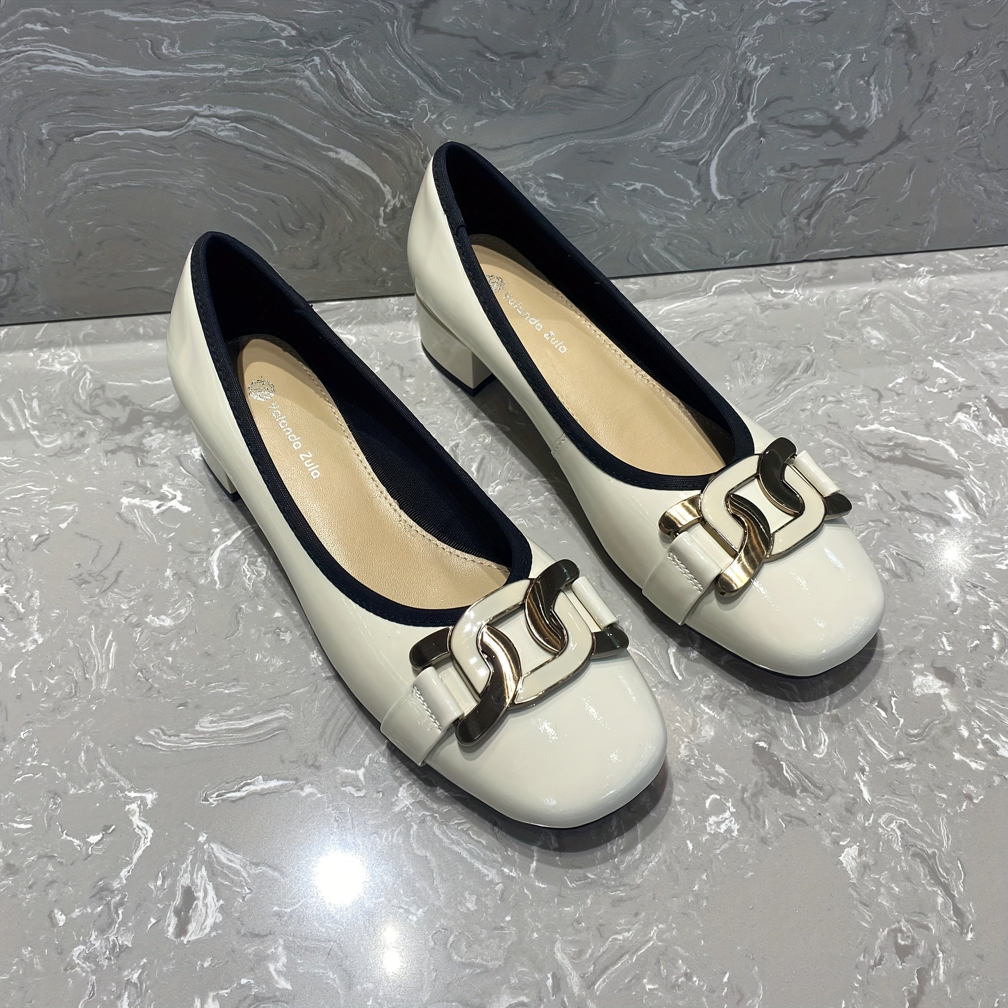 Metallic Chain Decor Slip On Square Toe Chunky Heel Dress Shoes