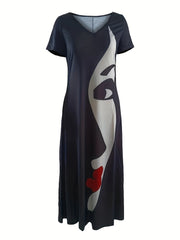 Women's Plus Abstract Figure Print V Neck Maxi Dress