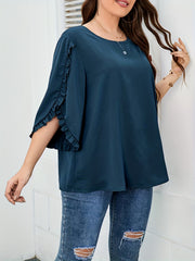 Frill Trim Solid Blouse Women's Plus Round Neck Blouse