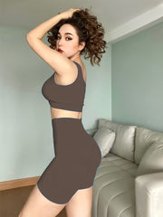 Yoga Workout Set Ribbed One Shoulder Top Crop Tank Hip Lifting Shorts Leggings