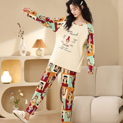 Cartoon Print Pajama Set Long Sleeve Crew Neck Top & Elastic Waistband Pants