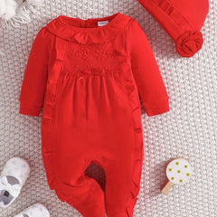 Baby Girl's Romper Ruffle Crew Neck Jumpsuit & Hat Set