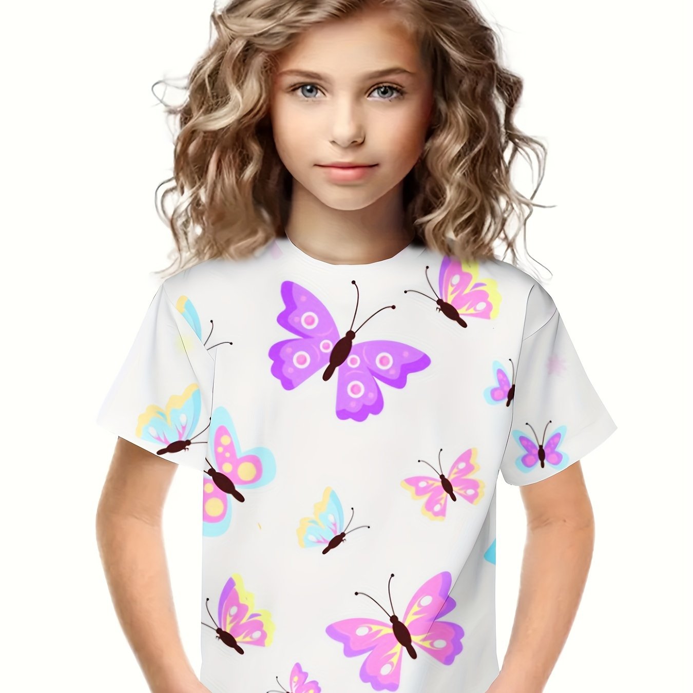 3D Butterfly Graphic Short Sleeve T-shirt for Girls Boys Summer Sports