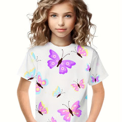 3D Butterfly Graphic Short Sleeve T-shirt for Girls Boys Summer Sports
