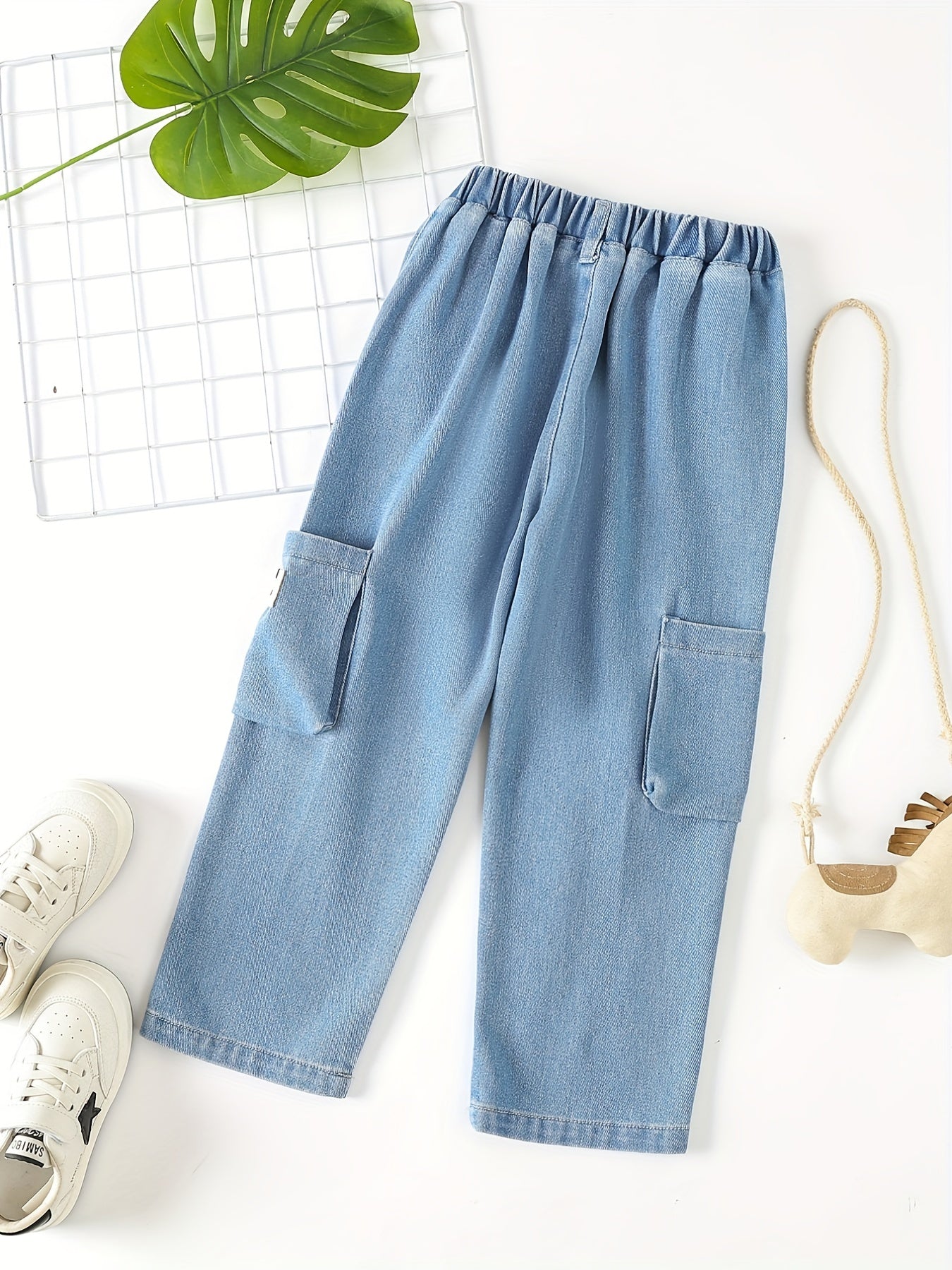 Girls Smile Tag Casual Baggy Jeans with Elastic Waist