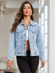 Ripped Holes Denim Jackets Long Sleeves Distressed Lapel Denim Coats