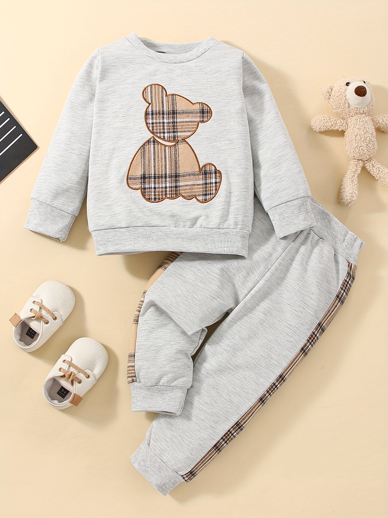 Bear Print Pants & Sweatshirt Set for Baby Toddler Boys/Girls