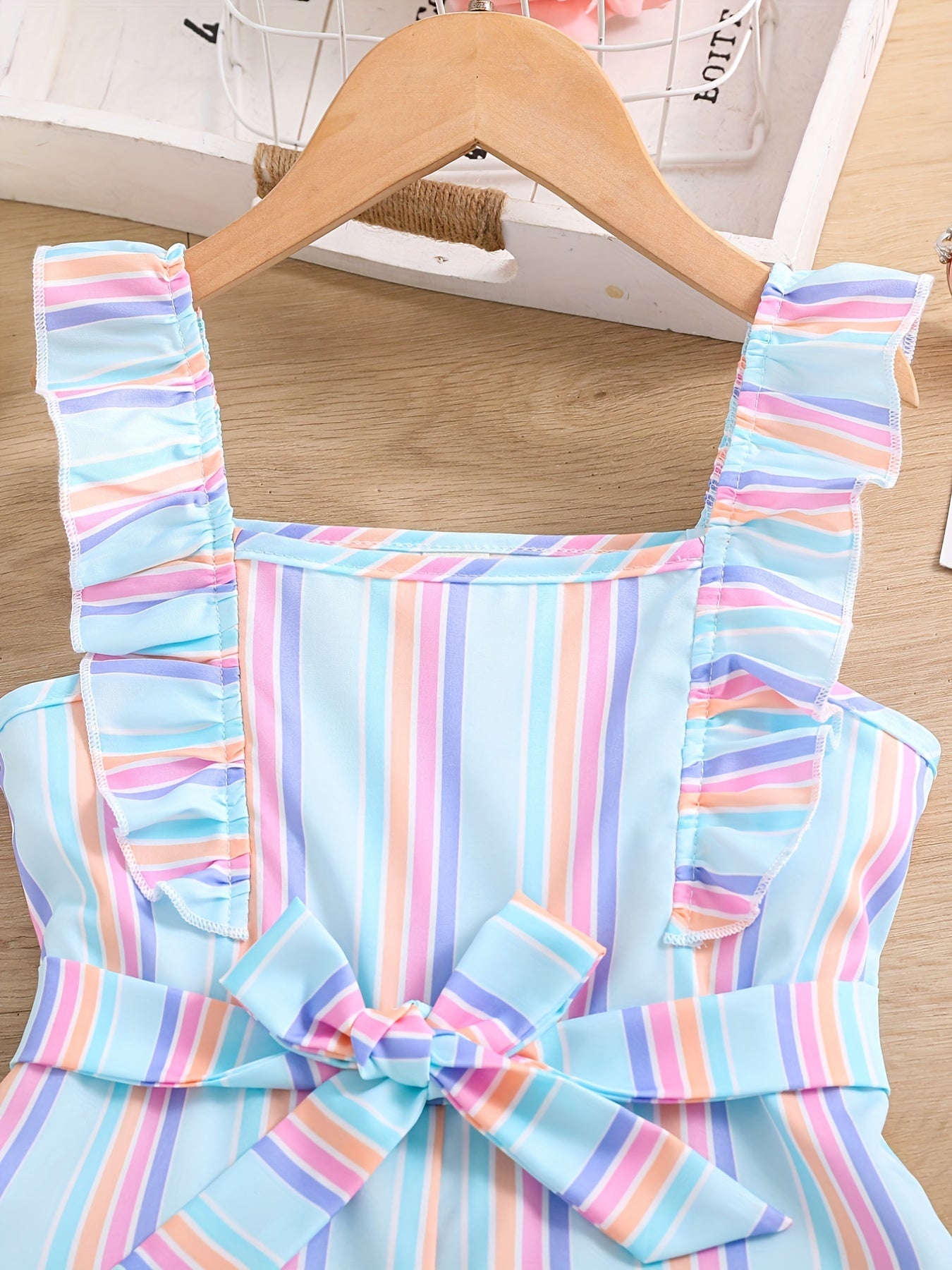 Girls Ruffle Trim Striped Romper with Belt, Summer Jumpsuit