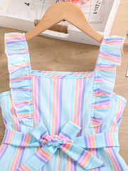 Girls Ruffle Trim Striped Romper with Belt, Summer Jumpsuit