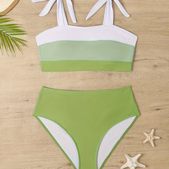 Colorblock Tie Shoulder Bikini Set