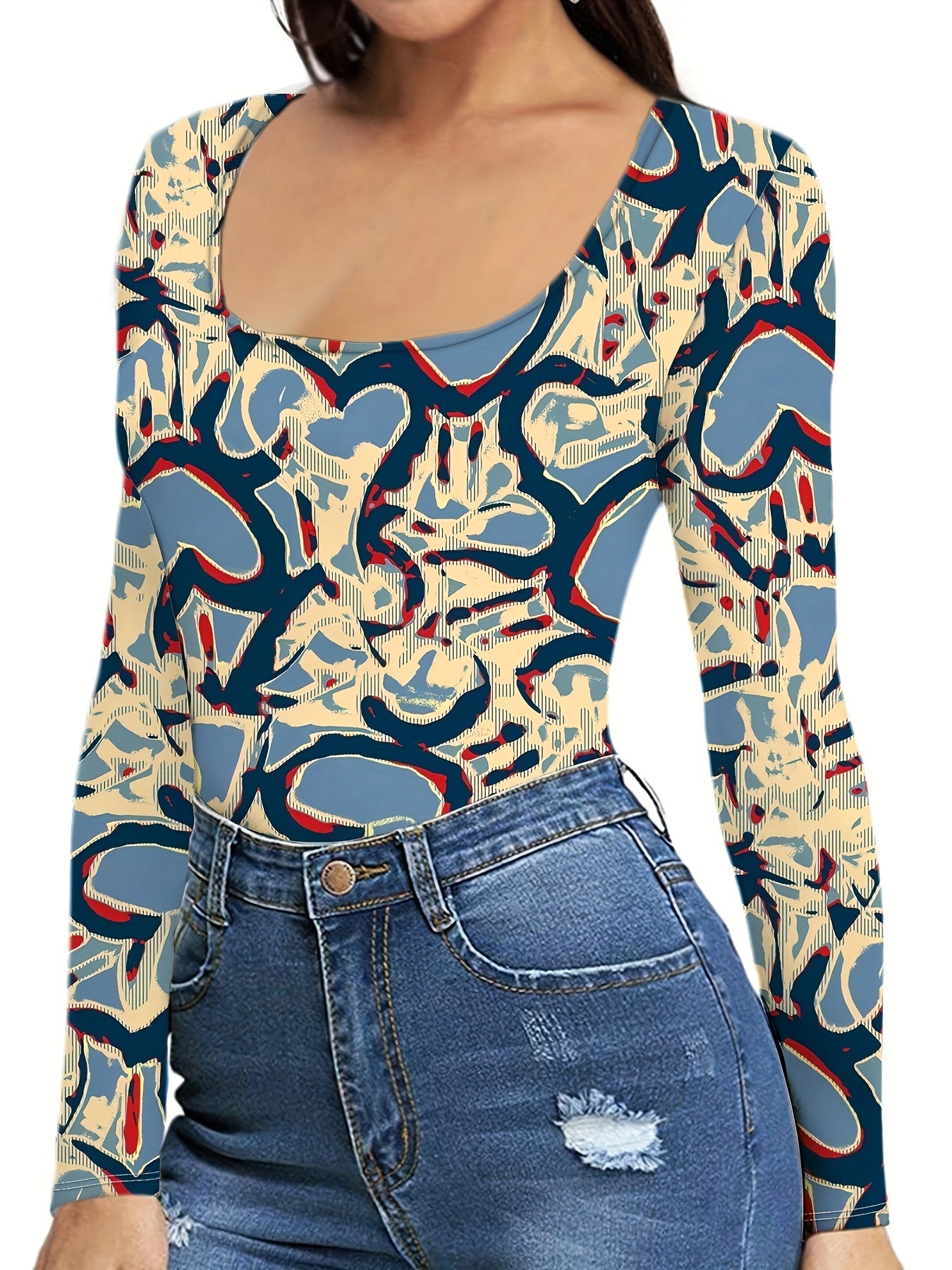 Women's Allover Print Crew Neck Bodysuit Long Sleeve