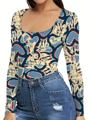 Women's Allover Print Crew Neck Bodysuit Long Sleeve