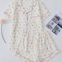 Floral Print Pajamas Set Short Sleeve Top & Bow Shorts