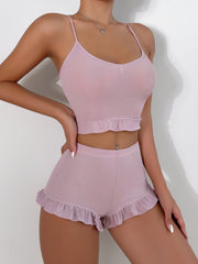 V Neck Pajama Set Lace Up Top & Shorts