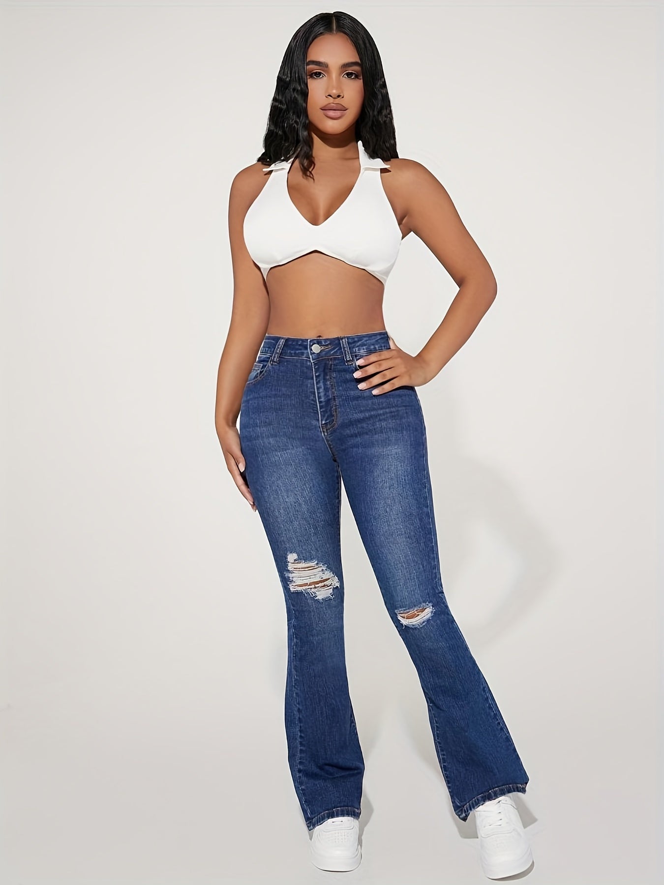 High Rise Flare Leg Jeans Distressed Bell Bottom Denim Pants