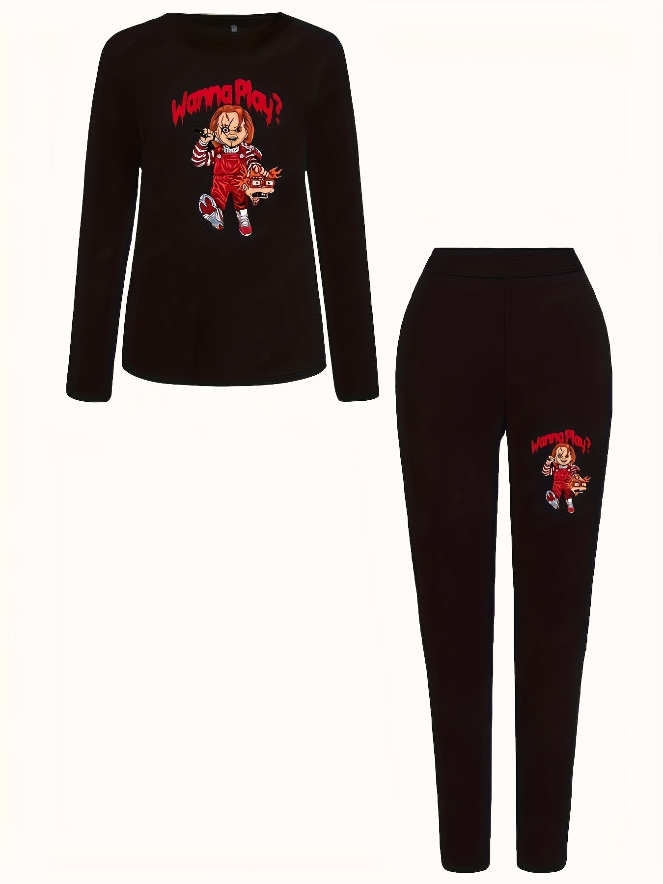 Women's Plus Figure & Letter Print Long Sleeve Top & Leggings Set