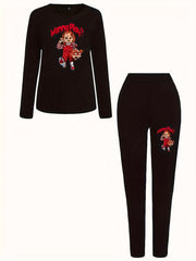 Women's Plus Figure & Letter Print Long Sleeve Top & Leggings Set