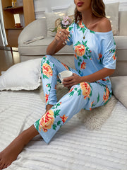 Floral Print Pajamas Set Short Sleeve Top & Pants