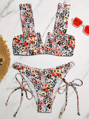 Floral Print V Notch Bikini Sets Wide Straps Tie Side High Cut Beachwear
