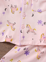 2pcs Girls Unicorn Pajama Set V-Neck Short Sleeve Top & Shorts