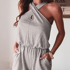 Solid Drawstring Waist Romper Jumpsuit Sleeveless