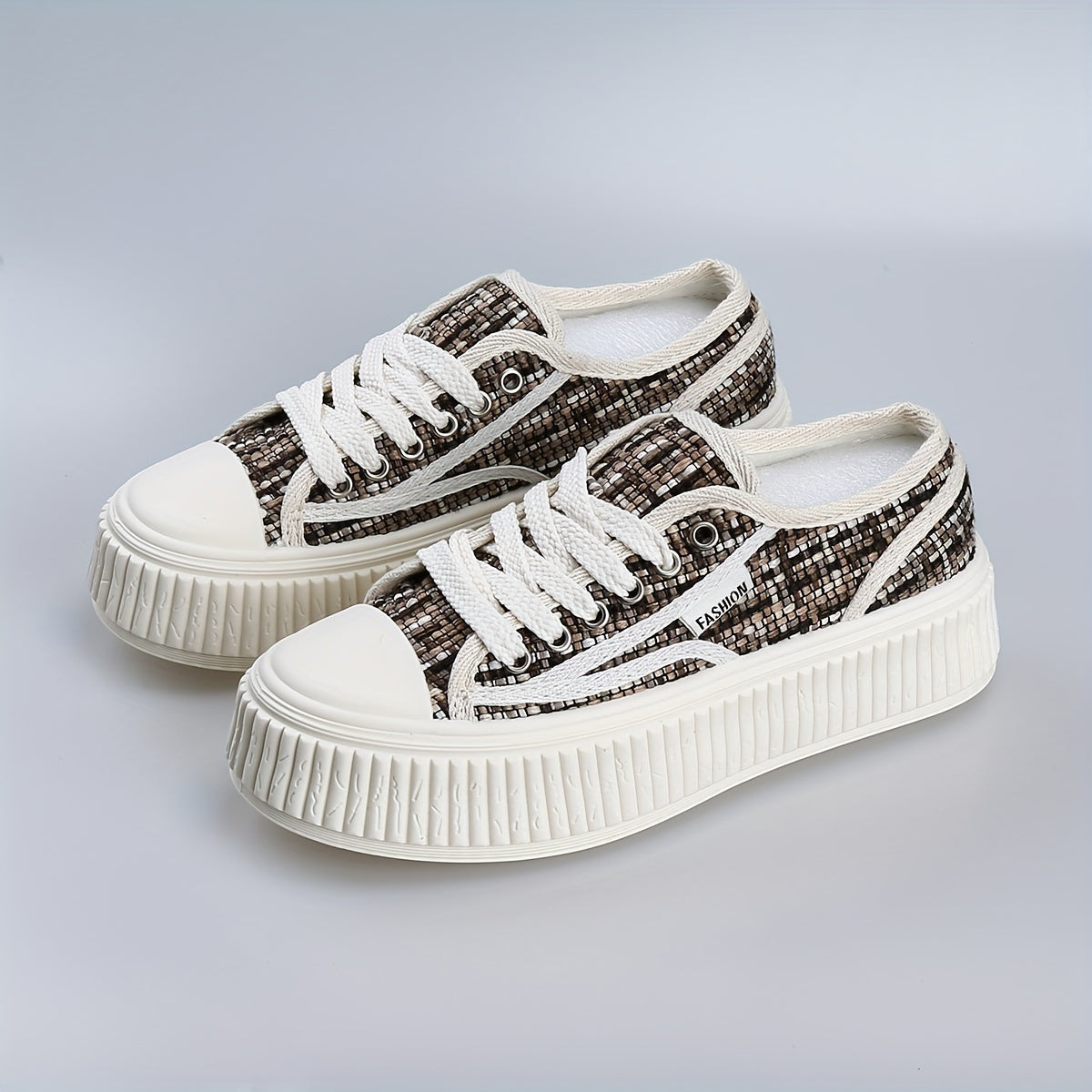 Brown Platform Canvas Shoes Lace Up Outdoor Sneakers