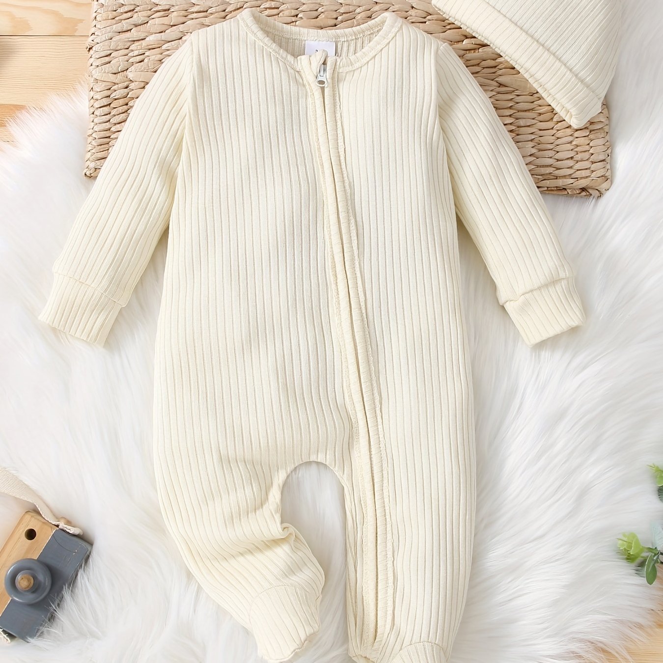 2pcs Baby Unisex Zipper Romper & Hat Set